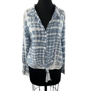 Bella Dahl Blue White Tie-Dye Chambray Button-Up Tie Hem Long Sleeve Shirt M